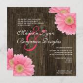 Rustic Wood Pink Daisy Square Wedding Invitting Kaart (Voorkant / Achterkant)