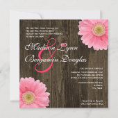 Rustic Wood Pink Daisy Square Wedding Invitting Kaart (Voorkant)