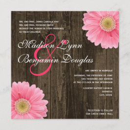Rustic Wood Pink Daisy Square Wedding Invitting Kaart