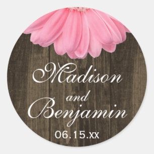 Rustic Wood Pink Daisy Wedding Favor Stickers