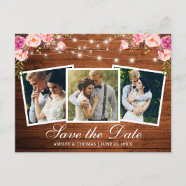 Rustic Wood Pink Floral 3 Foto slaat de datum op Uitnodiging Briefkaart