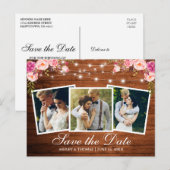 Rustic Wood Pink Floral 3 Foto slaat de datum op Uitnodiging Briefkaart (Voorkant / Achterkant)