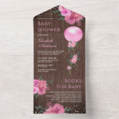 Rustic Wood Pink Floral Balloon Baby shower All In One Uitnodiging (Binnen)