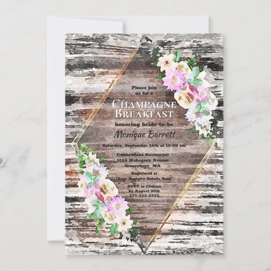 Rustic Wood Pink Floral Champagne Breakfast Kaart (Voorkant)
