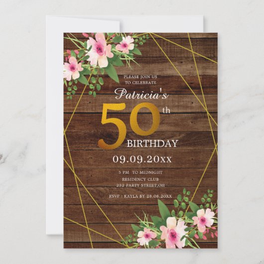 Rustic Wood Pink Floral Gold Glitter 50th Birthday Kaart (Voorkant)