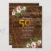 Rustic Wood Pink Floral Gold Glitter 50th Birthday Kaart (Voorkant / Achterkant)