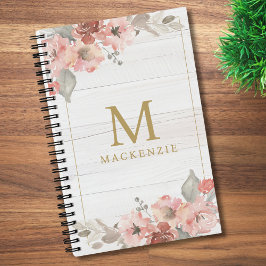 Rustic Wood Pink Floral Watercolor Monogram Notitieboek