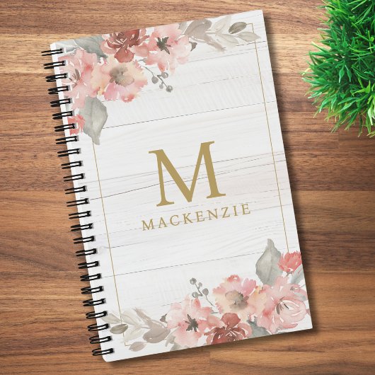 Rustic Wood Pink Floral Watercolor Monogram Notitieboek