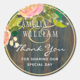 RUSTIC WOOD Pink Floral Weddenschap Bedankt Ronde Sticker