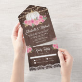 Rustic Wood Pink Floral White Pumpkin Wedding All In One Uitnodiging (Afscheurbaar)