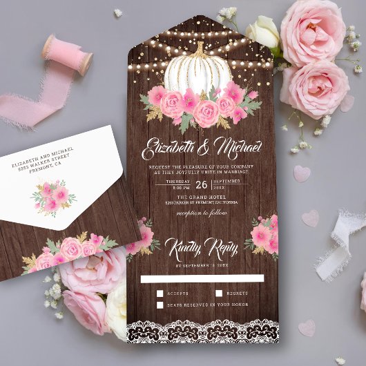 Rustic Wood Pink Floral White Pumpkin Wedding All In One Uitnodiging