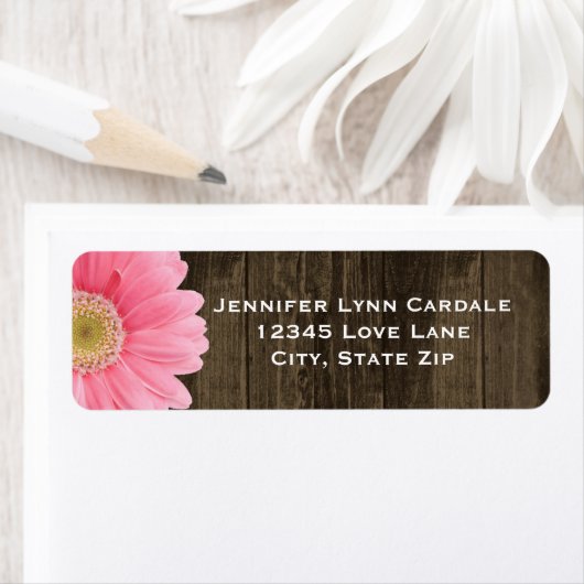 Rustic Wood Pink Gerber Daisy Adresetiketten Etiket (Insitu)