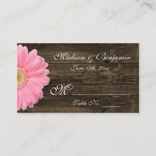 Rustic Wood Pink Gerber Daisy Wedding Place Kaarte Plaatskaartje (Voorkant)