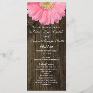Rustic Wood Pink Gerber Daisy Wedding Programs Programmakaart
