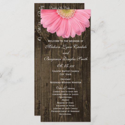 Rustic Wood Pink Gerber Daisy Wedding Programs Programmakaart (Voorkant / Achterkant)