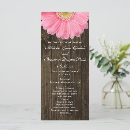 Rustic Wood Pink Gerber Daisy Wedding Programs Programmakaart (Staand voorkant)
