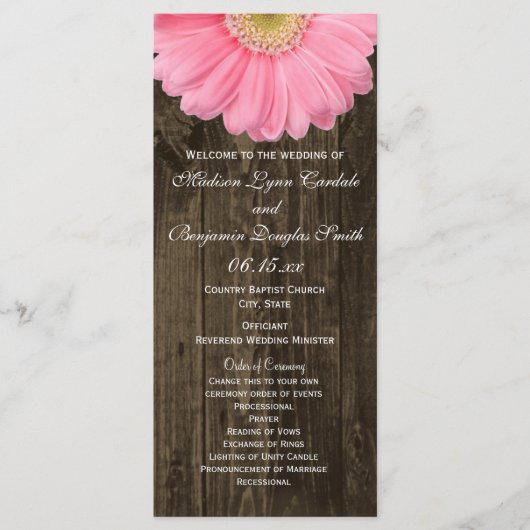 Rustic Wood Pink Gerber Daisy Wedding Programs Programmakaart (Voorkant)