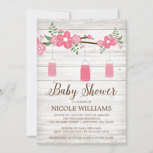 Rustic Wood Pink Mason Jar Branch Girl Baby shower Kaart (Voorkant)
