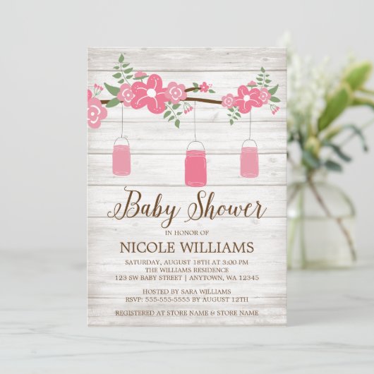 Rustic Wood Pink Mason Jar Branch Girl Baby shower Kaart (Staand voorkant)