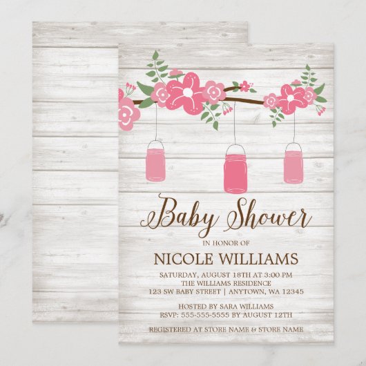 Rustic Wood Pink Mason Jar Branch Girl Baby shower Kaart (Voorkant / Achterkant)