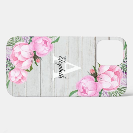 Rustic Wood Pink Peony Waterverf Monogram Case-Mate iPhone Case (Achterkant (horizontaal))