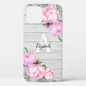 Rustic Wood Pink Peony Waterverf Monogram Case-Mate iPhone Case (Achterkant)