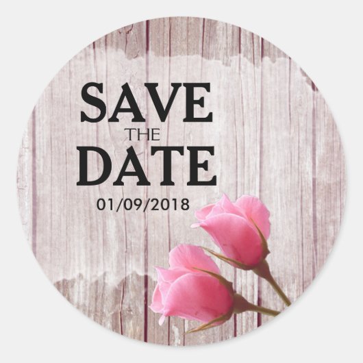 Rustic Wood Pink Rosebud Wedding Save the Date Ronde Sticker (Voorkant)