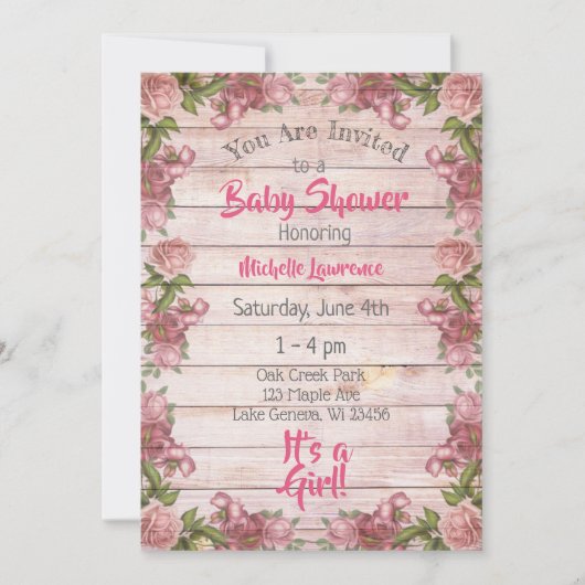 Rustic Wood Pink Roses Baby shower Kaart (Voorkant)
