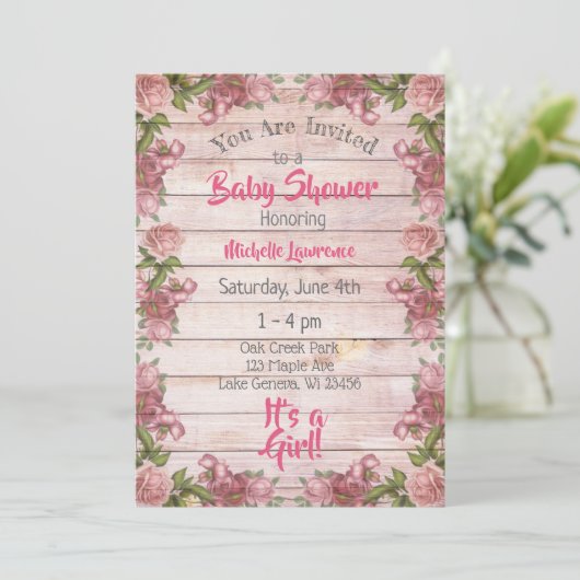 Rustic Wood Pink Roses Baby shower Kaart (Staand voorkant)