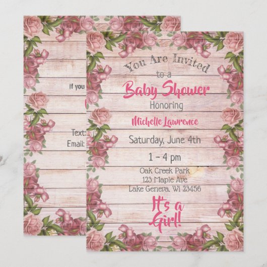Rustic Wood Pink Roses Baby shower Kaart (Voorkant / Achterkant)