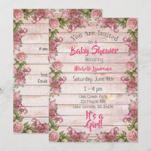 Rustic Wood Pink Roses Baby shower Kaart