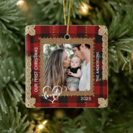 Rustic Wood Plank Plaid First Christmas Family Keramisch Ornament