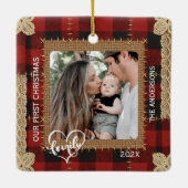Rustic Wood Plank Plaid First Christmas Family Keramisch Ornament (Achterkant)