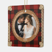 Rustic Wood Plank Plaid First Christmas Married Keramisch Ornament (Links)
