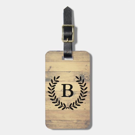 Rustic Wood Planks Black Laurels & Initiaal Letter Bagagelabel (Voorkant verticaal)