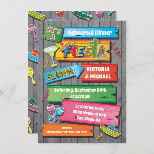Rustic Wood Planks Mexican Fiesta Party Invitation Kaart (Voorkant / Achterkant)