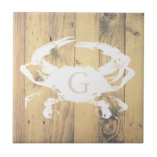 Rustic Wood Planks White Crab | Monogram Tegeltje (Voorkant)