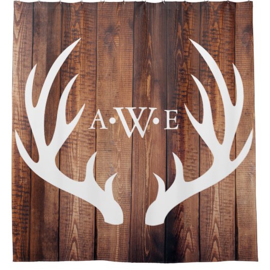 Rustic Wood Planks White Deer Antlers - Monogram Douchegordijn (Voorkant)