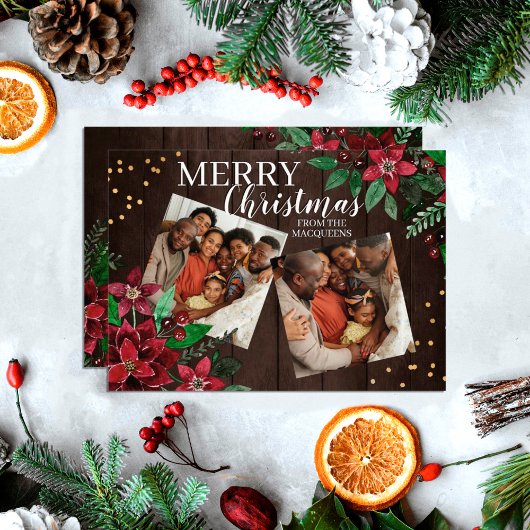 Rustic Wood Poinsettia Floral Confetti Kerstmis Feestdagenkaart