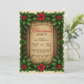 Rustic Wood Poinsettia Holly Wreath Christmas Kaart (Staand voorkant)