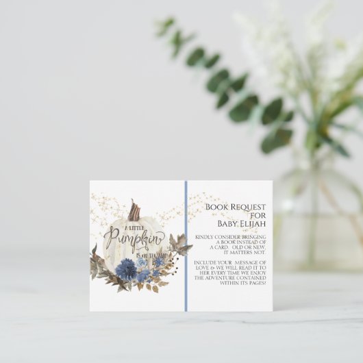 Rustic Wood Pumpkin Navy Blue Floral Book Request Visitekaartje (Staand voorkant)