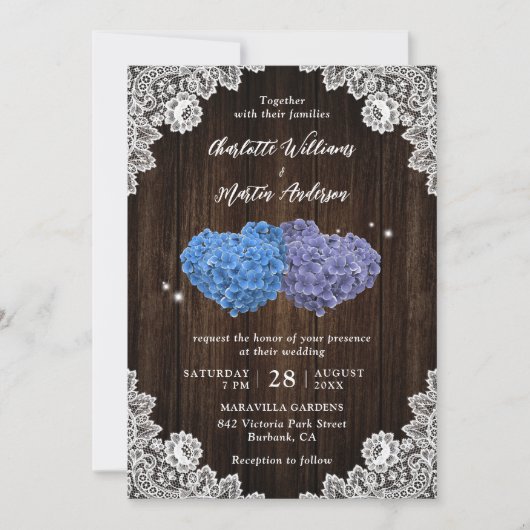 Rustic Wood Purple and Blue Floral Hearts Wedding Kaart (Voorkant)