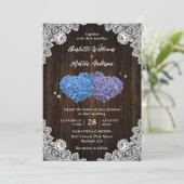 Rustic Wood Purple and Blue Floral Hearts Wedding Kaart (Staand voorkant)