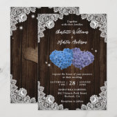 Rustic Wood Purple and Blue Floral Hearts Wedding Kaart (Voorkant / Achterkant)
