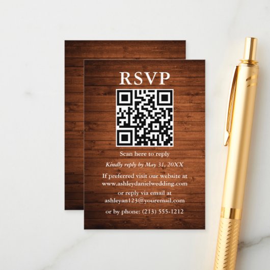 Rustic Wood QR Wedding RSVP Informatiekaartje (Voorkant / Achterkant in situ)