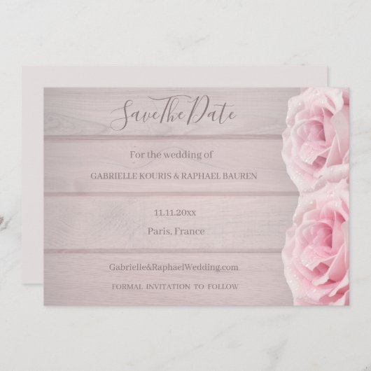 Rustic Wood Real roze rozen sparen de datum bruilo Kaart (Voorkant / Achterkant)