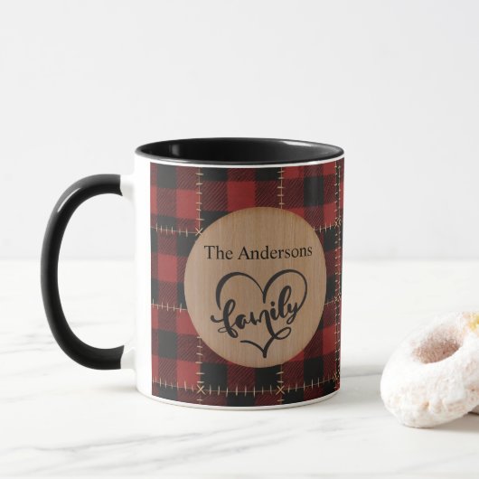 Rustic Wood Red Buffalo Plaid Family Christmas Mok (Met donut)