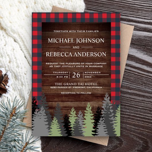 Rustic Wood Red Buffalo Pset Evergreen Wedding Kaart