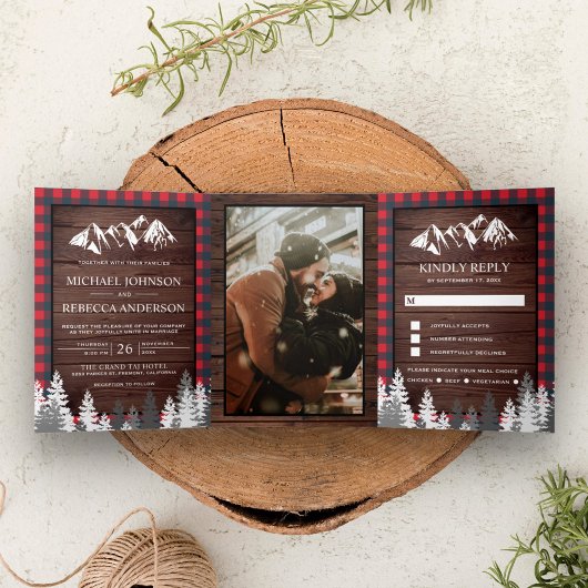 Rustic Wood Red Buffalo Pset Mountain Wedding Drieluik Uitnodiging
