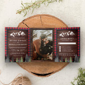 Rustic Wood Red Buffalo Pset Mountain Wedding Drieluik Uitnodiging